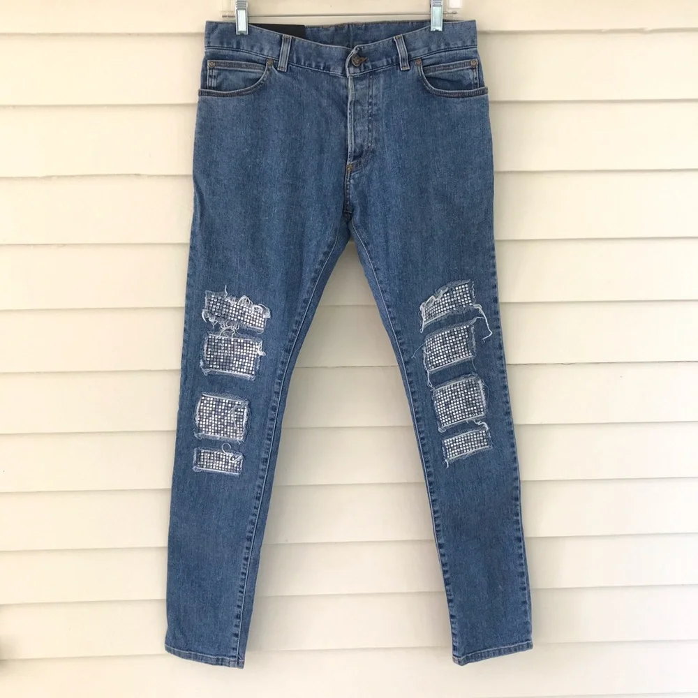 Balmain Paris Men’s Denim Jeans Crystal Knee Patches Slim Fit Size 30 - Picture 1 of 10